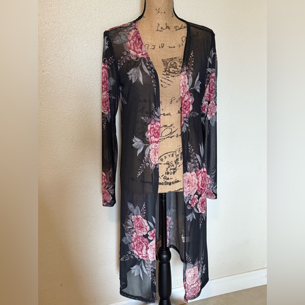 Tilly's Black Mesh Kimono with Pink Floral